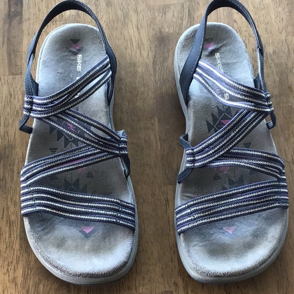 Skechers Navy blue stretch elastic strap memory foam sandals Sz 8